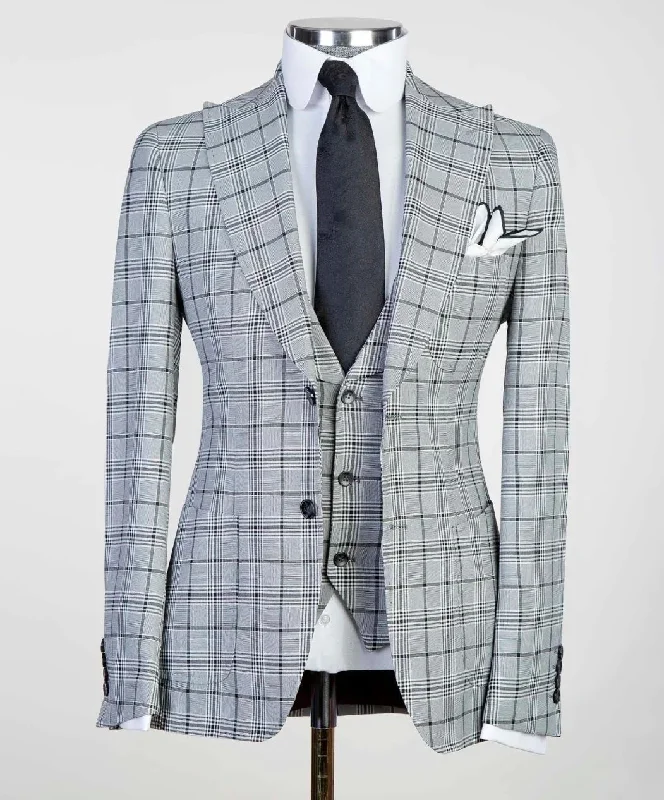Men Blazers for Theatre Performances in Classic Styles​ 3 Pieces Gray Check Business Suit