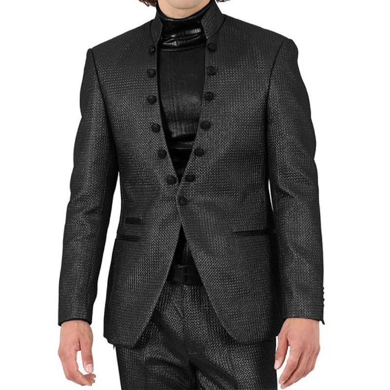 Men Blazers with Checkered Patterns for a Preppy Style​ Black Mandarin Collar Fashion Blazer