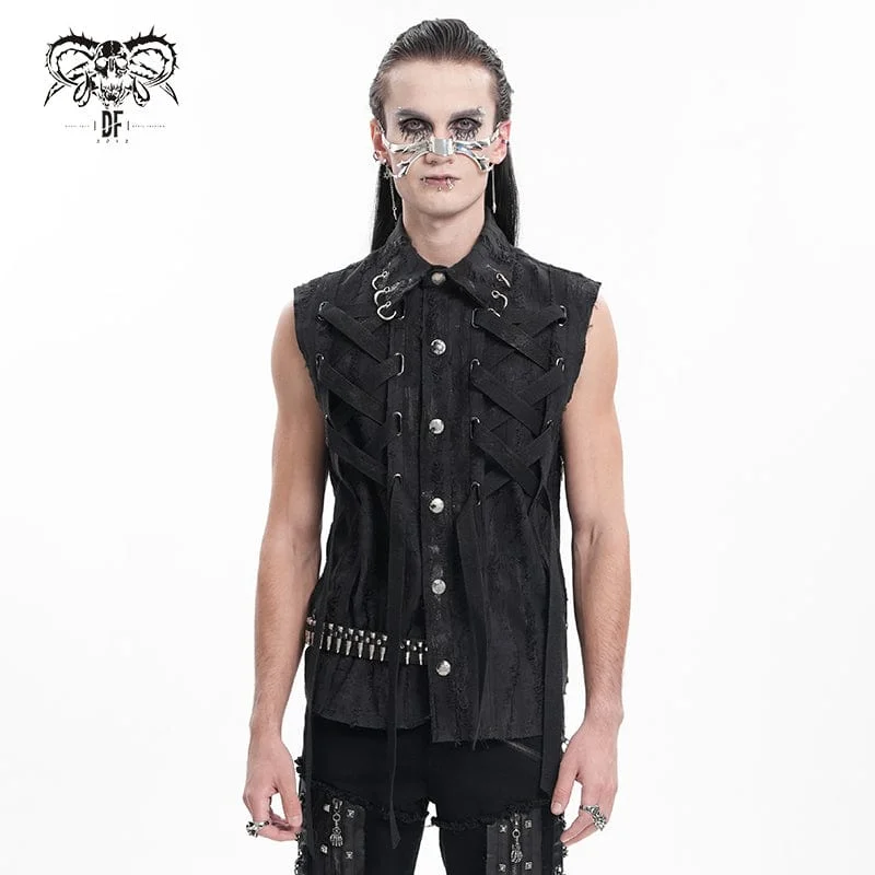 Men's Leather Vest with Studs in Brown for a Rock - n - Roll Style Men's Gothic Lace-up Ripped Ring Vest