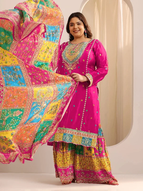 Notch - Lapel Men Blazers for a Standard Look​ Plus Size Pink Embroidered Silk Blend Straight Sharara Suit Set With Dupatta