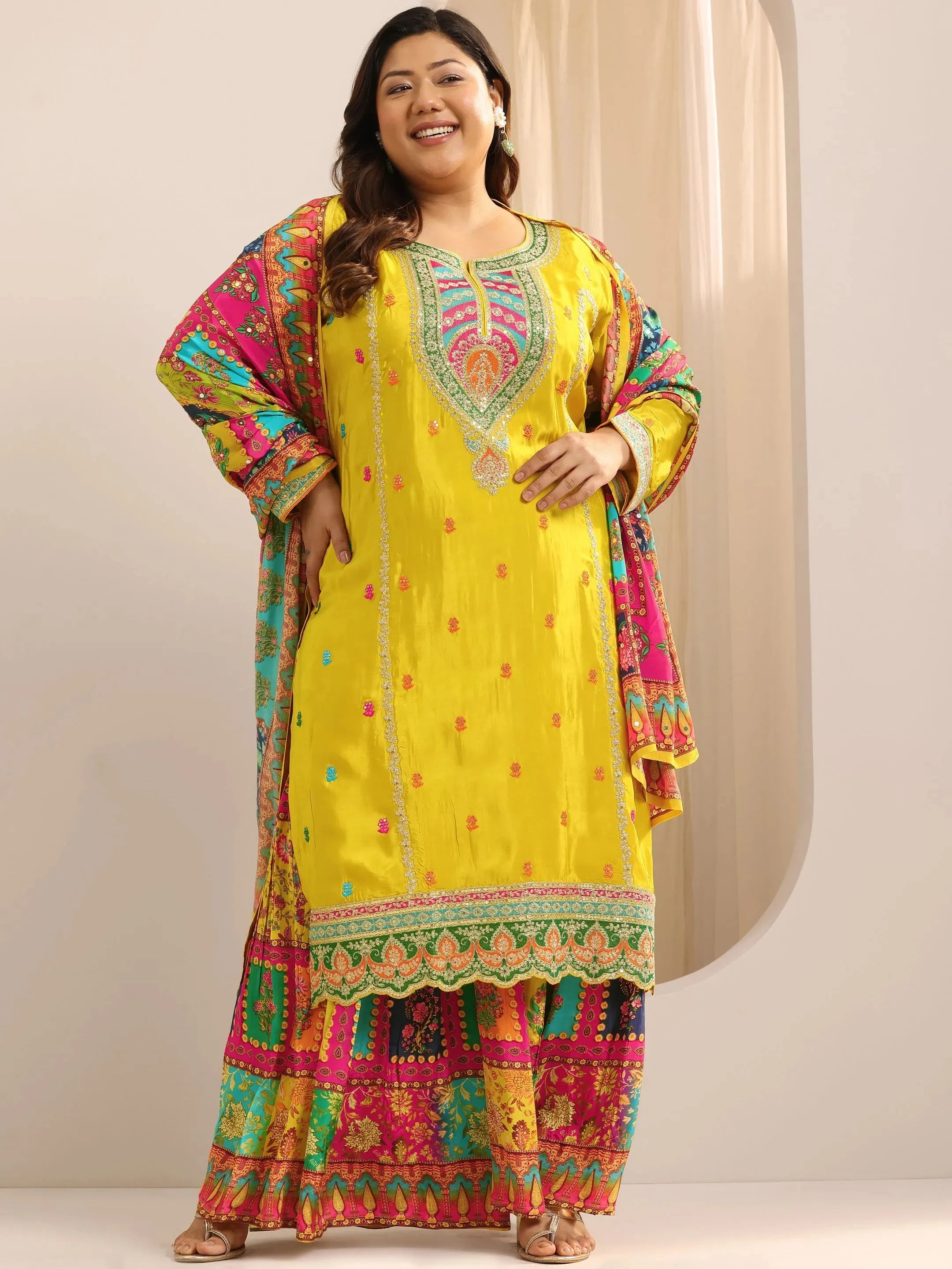 Men Blazers for Formal Dinners in Elegant Fabrics​ Plus Size Mustard Embroidered Silk Blend Straight Sharara Suit Set With Dupatta