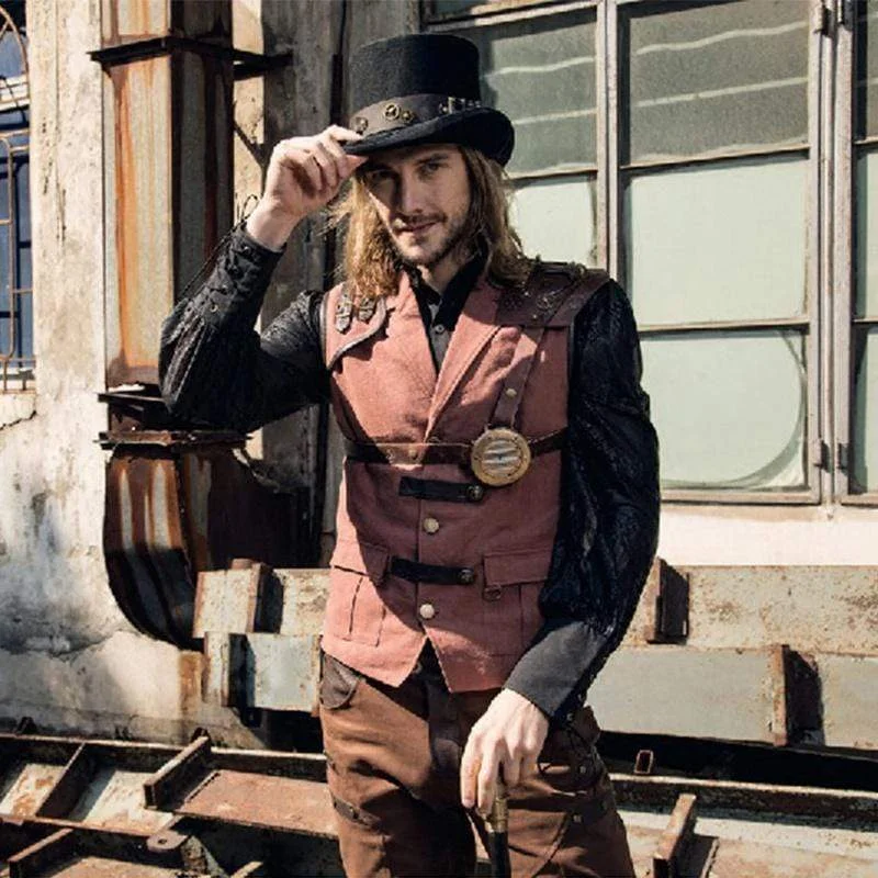Men's Twill Vest in Burgundy with a Stand - Up Collar for a Sophisticated Look Steampunk Leather Accent Explorer Vest
