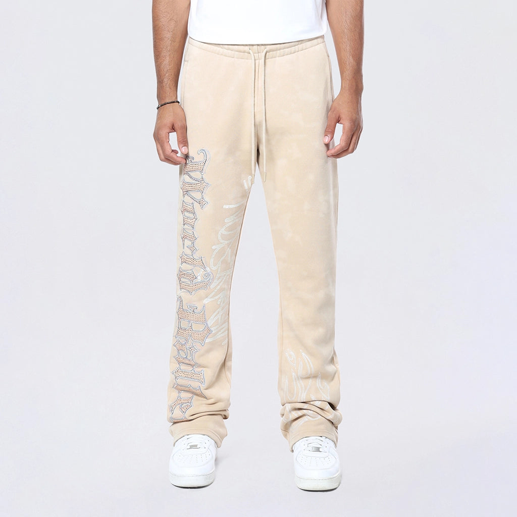 Men's pleated front casual wool blend pants for a classic aesthetic Stacked Rhinestone Dystopia Fleece Pants - Clay