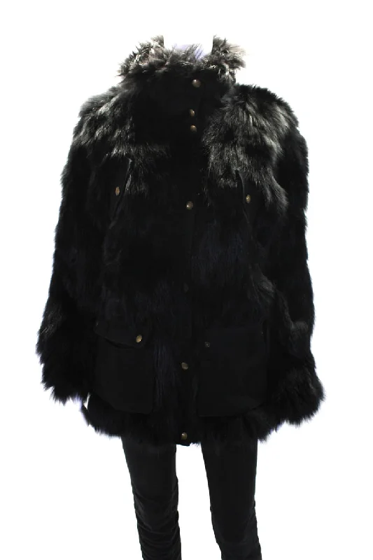 Army Yves Salomon Womens Front Zip Collared Coat Black Faux Fur