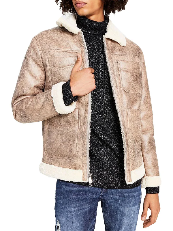 Flynn Mens Faux Leather Fleece Lined Faux Fur Coat
