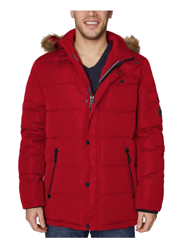 Mens Faux Fur Trim Quilted Parka Coat