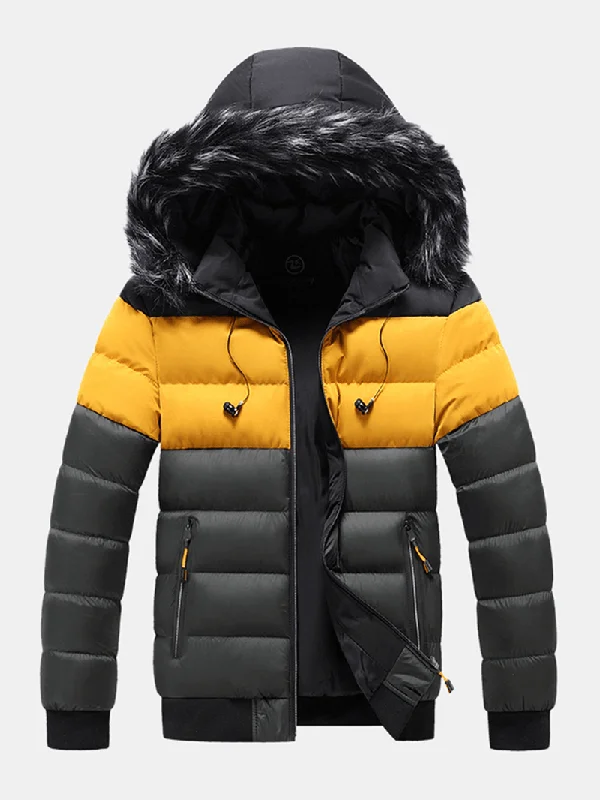 Mens Color Block Patchwork Thick Faux Fur Hooded Puffer Jacket with Pocket