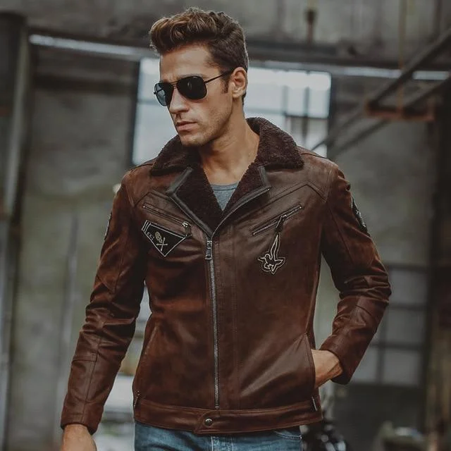 Men's Genuine Pigskin Leather with Faux Fur Shearling Motorcycle Jackets