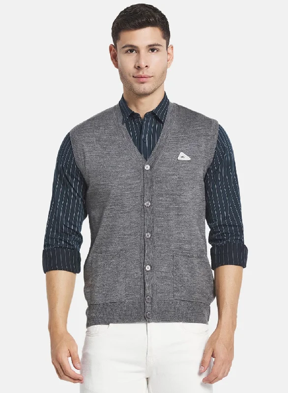 Men Grey Solid Cardigan