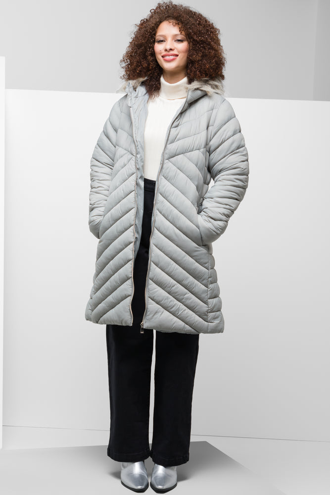 Quilted Puffer Coat With Fur Trim Light Grey