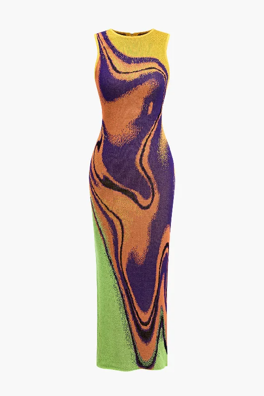 Contrast Print Knit Zipper Back Dress