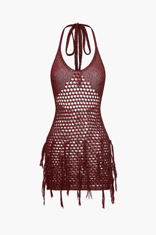Solid Knit Fringe Cut Out Backless Tie-Up Dress