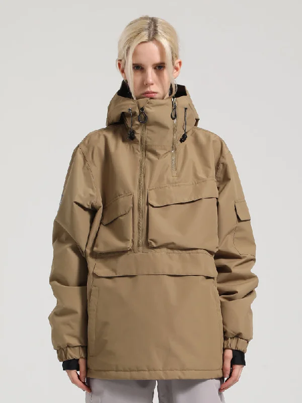 Women's Brown Asymmetrical Kangaroo Pocket Waterproof Insulated Snow Anoraks
