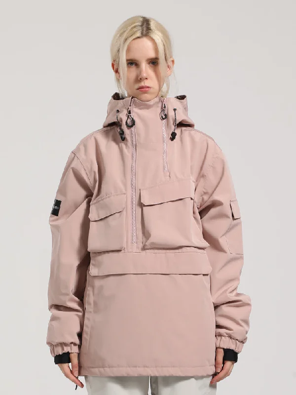 Women's Pink Asymmetrical Kangaroo Pocket Waterproof Insulated Snow Anoraks
